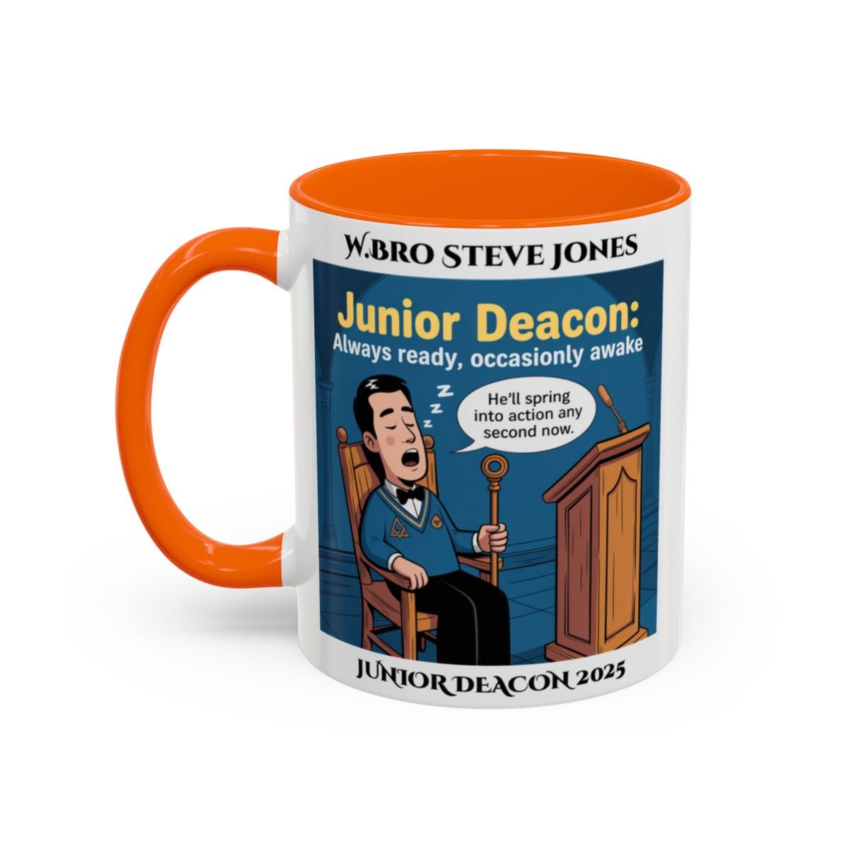 Premium Personalised Freemason Colour Rim Mug - Junior Deacon Design - Always Ready, Occasionaly Awake - Masonic Mugs