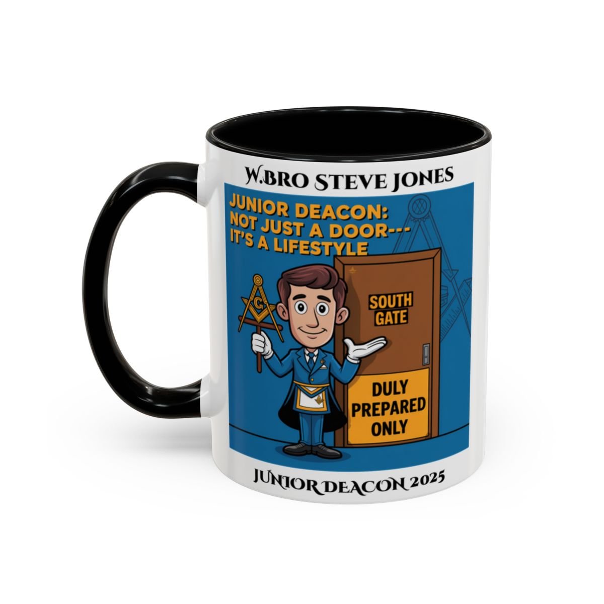Premium Personalised Freemason Colour Rim Mug - Junior Deacon Design - Not just a door it's a lifestyle - Masonic Mugs