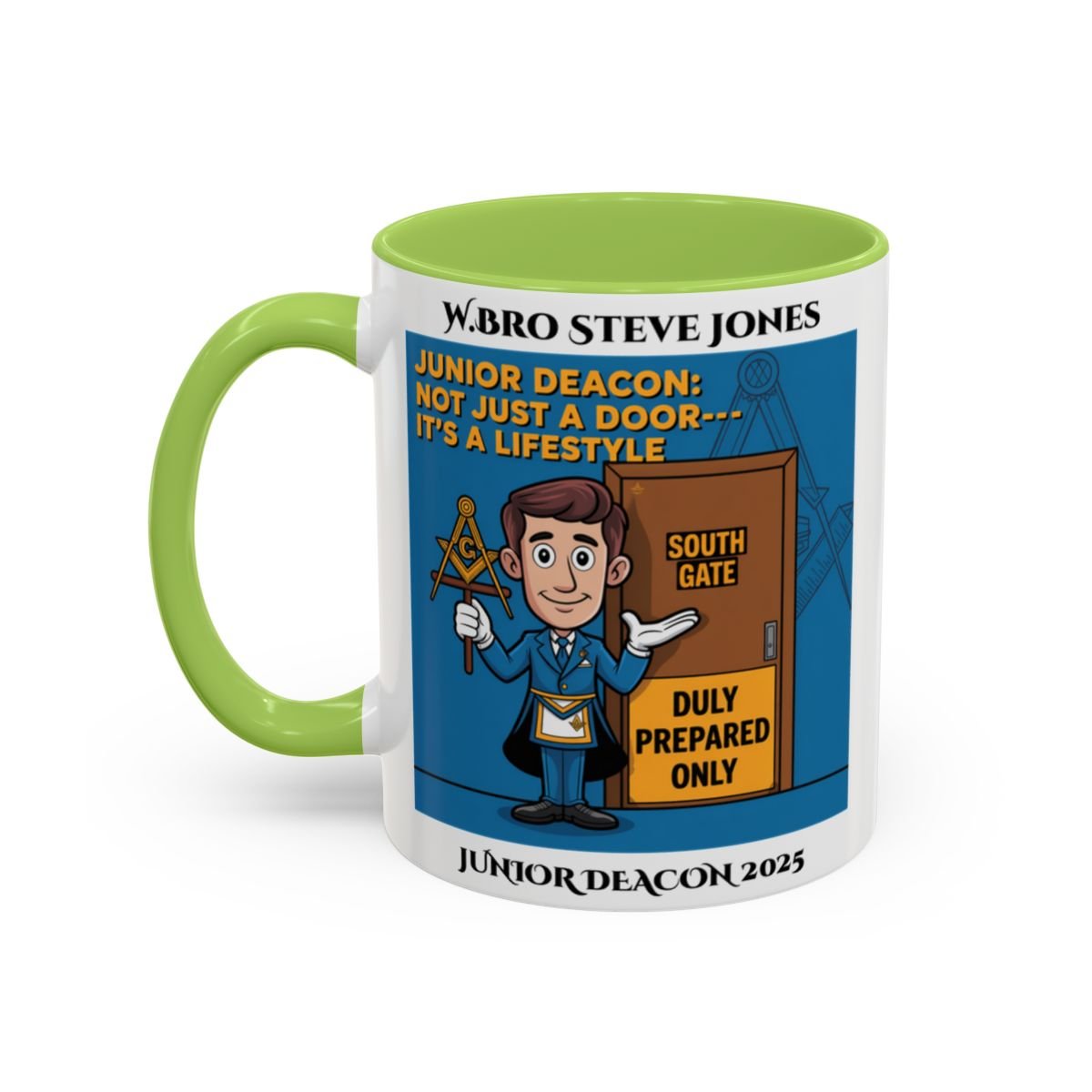Premium Personalised Freemason Colour Rim Mug - Junior Deacon Design - Not just a door it's a lifestyle - Masonic Mugs