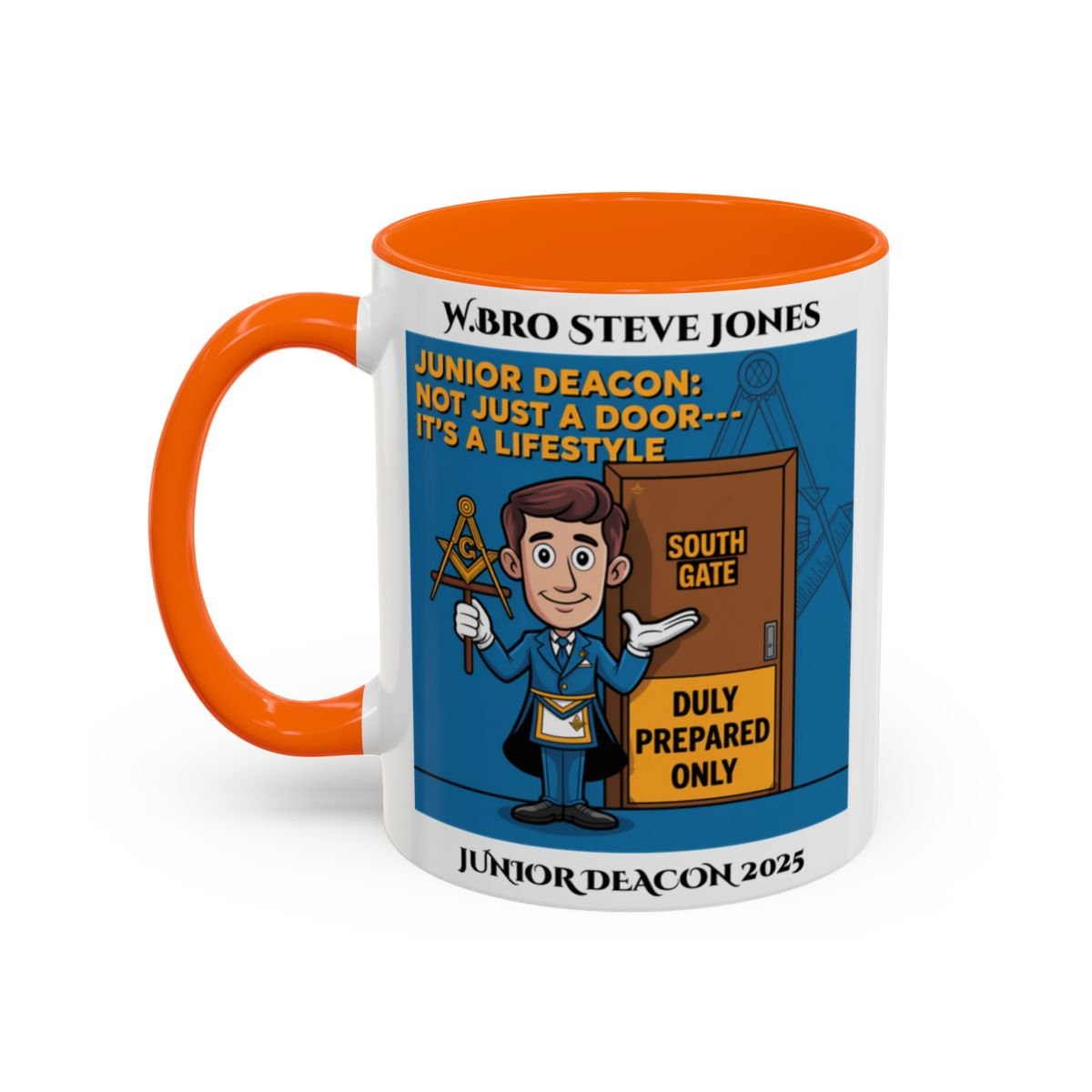 Premium Personalised Freemason Colour Rim Mug - Junior Deacon Design - Not just a door it's a lifestyle - Masonic Mugs