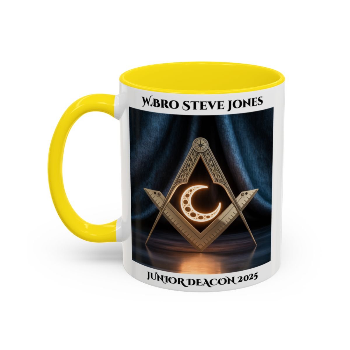 Premium Personalised Freemason Colour Rim Mug - Junior Deacon Design - Square and Compasses with Sun in the center. - Masonic Mugs