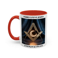 Premium Personalised Freemason Colour Rim Mug - Junior Deacon Design - Square and Compasses with Sun in the center. - Masonic Mugs