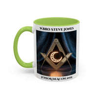 Premium Personalised Freemason Colour Rim Mug - Junior Deacon Design - Square and Compasses with Sun in the center. - Masonic Mugs