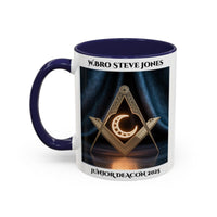 Premium Personalised Freemason Colour Rim Mug - Junior Deacon Design - Square and Compasses with Sun in the center. - Masonic Mugs