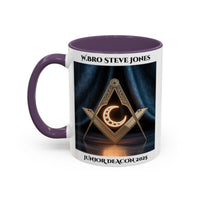 Premium Personalised Freemason Colour Rim Mug - Junior Deacon Design - Square and Compasses with Sun in the center. - Masonic Mugs