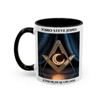 Premium Personalised Freemason Colour Rim Mug - Junior Deacon Design - Square and Compasses with Sun in the center. - Masonic Mugs