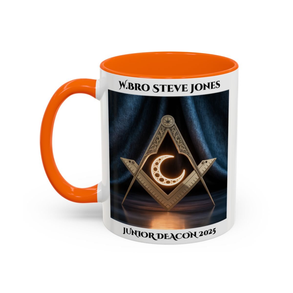 Premium Personalised Freemason Colour Rim Mug - Junior Deacon Design - Square and Compasses with Sun in the center. - Masonic Mugs