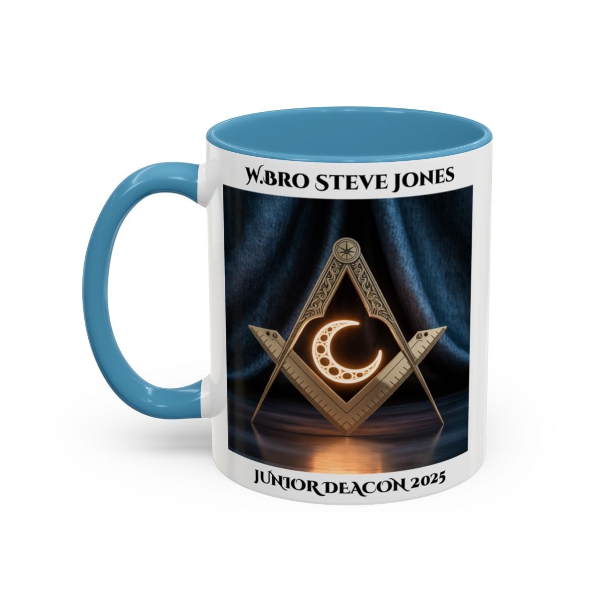 Premium Personalised Freemason Colour Rim Mug - Junior Deacon Design - Square and Compasses with Sun in the center. - Masonic Mugs