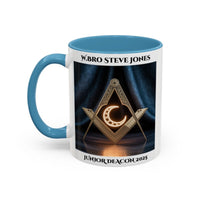 Premium Personalised Freemason Colour Rim Mug - Junior Deacon Design - Square and Compasses with Sun in the center. - Masonic Mugs
