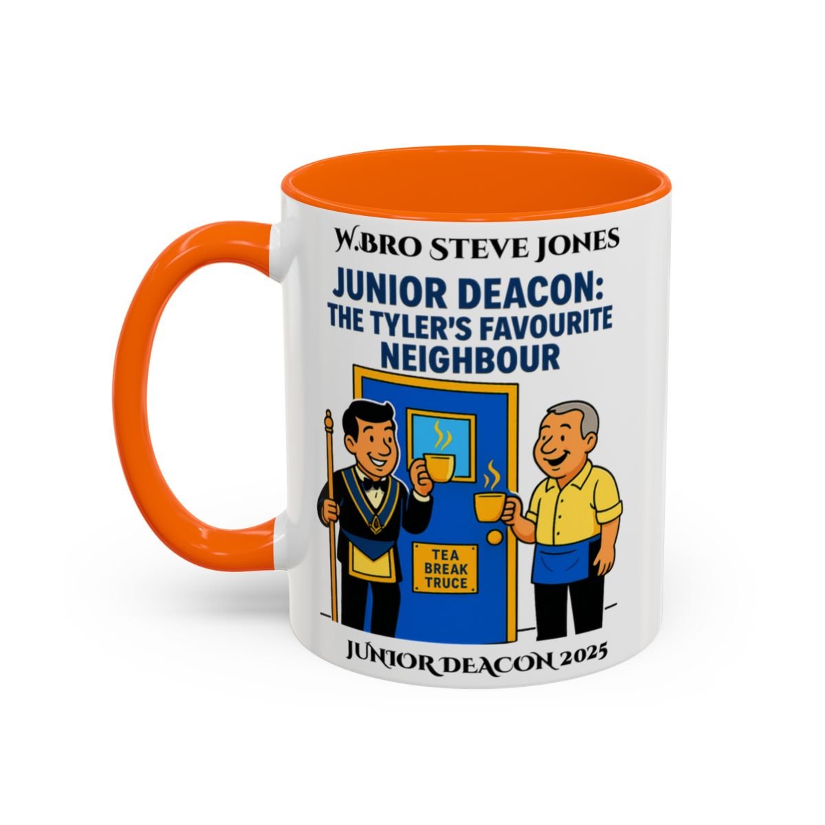 Premium Personalised Freemason Colour Rim Mug - Junior Deacon Design - The Tylers favourite neighbour - Masonic Mugs