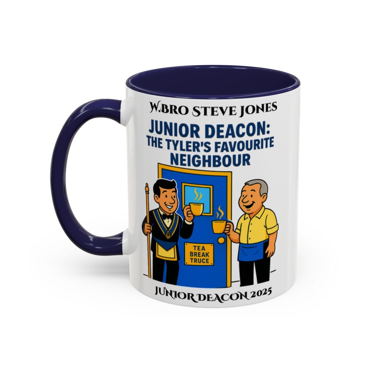 Premium Personalised Freemason Colour Rim Mug - Junior Deacon Design - The Tylers favourite neighbour - Masonic Mugs