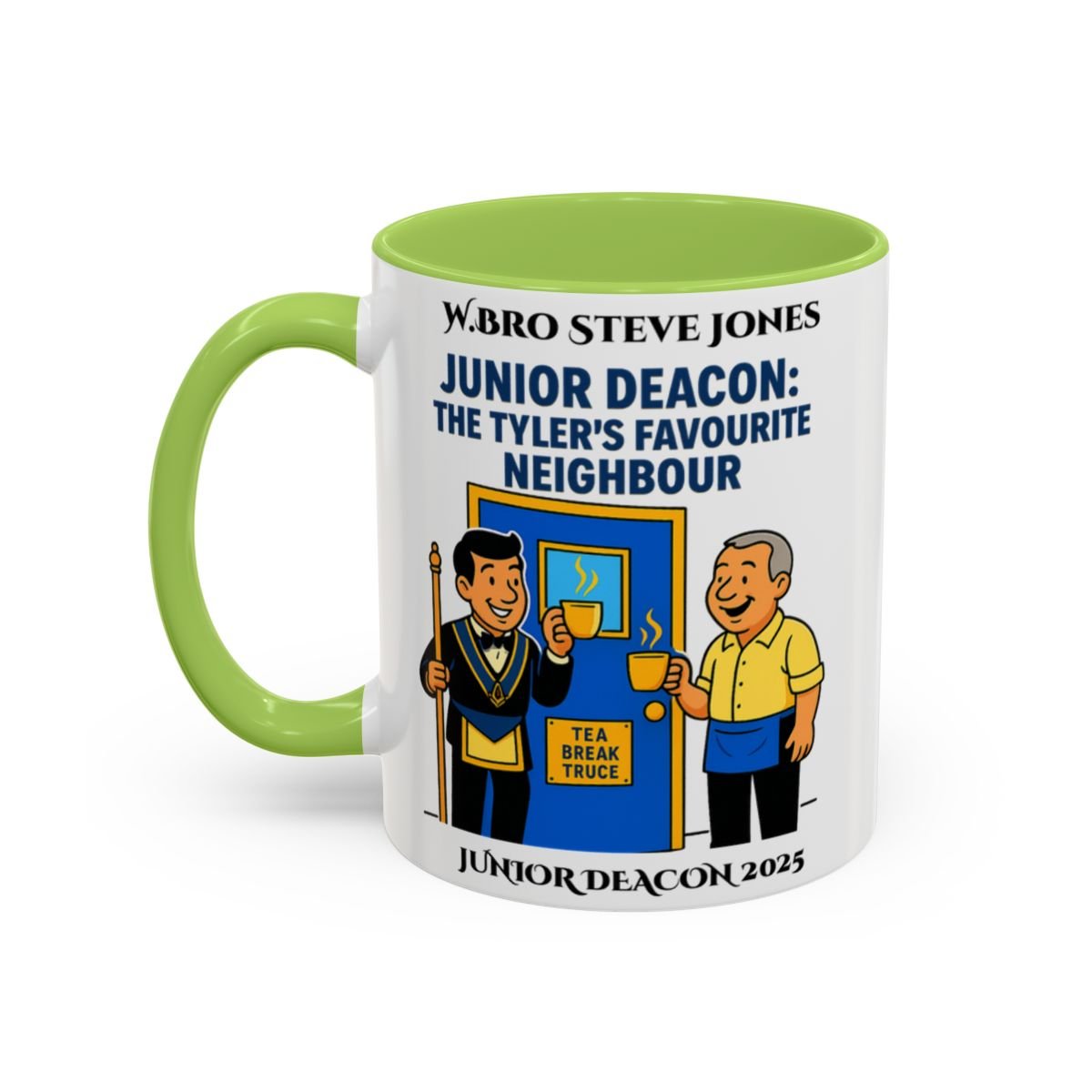 Premium Personalised Freemason Colour Rim Mug - Junior Deacon Design - The Tylers favourite neighbour - Masonic Mugs