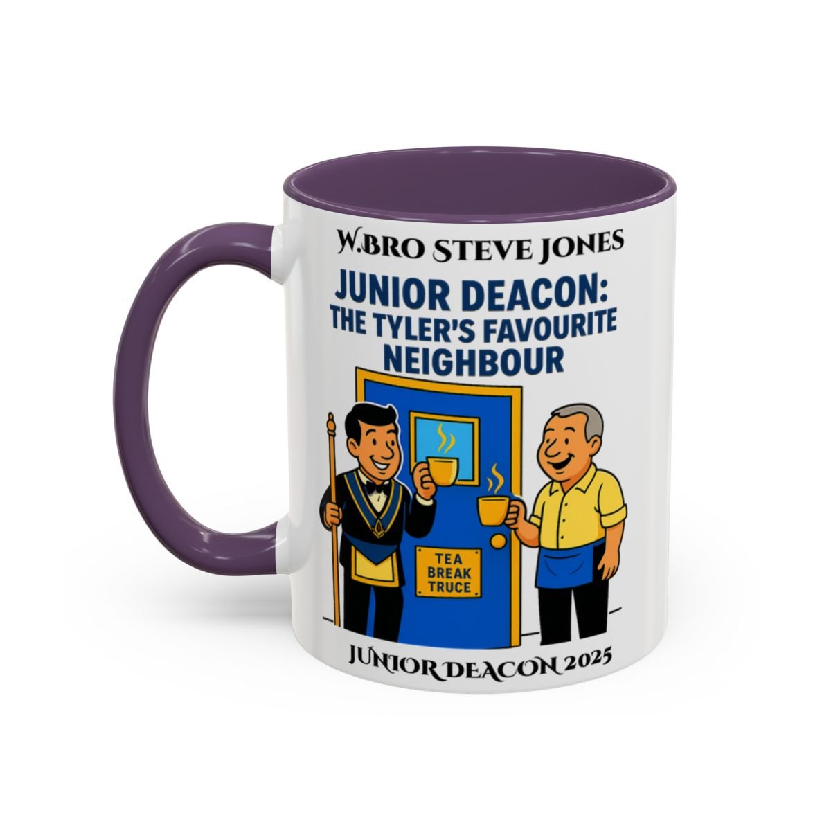 Premium Personalised Freemason Colour Rim Mug - Junior Deacon Design - The Tylers favourite neighbour - Masonic Mugs