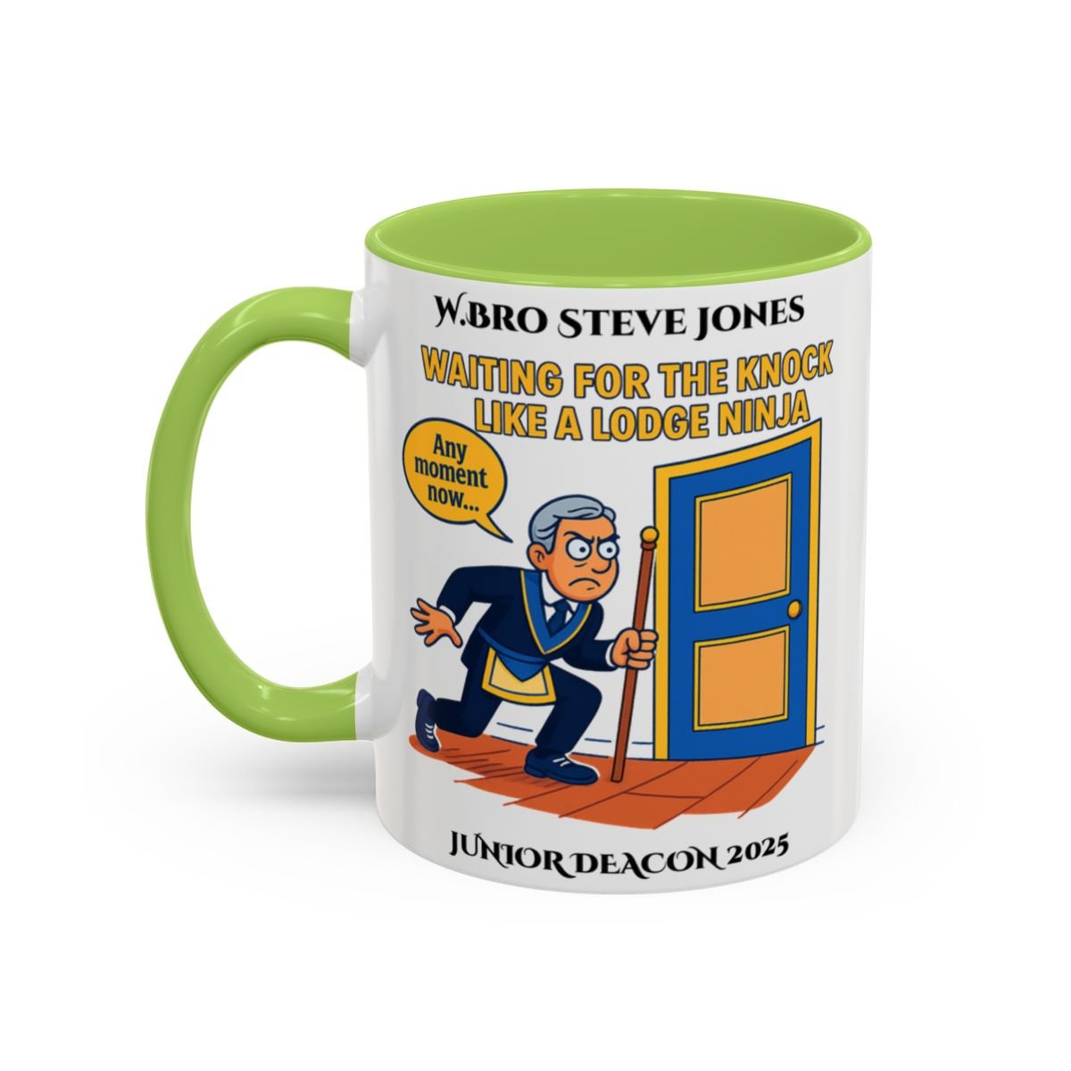 Premium Personalised Freemason Colour Rim Mug - Junior Deacon Design - Waiting for the Knock like a lodge ninja - Masonic Mugs