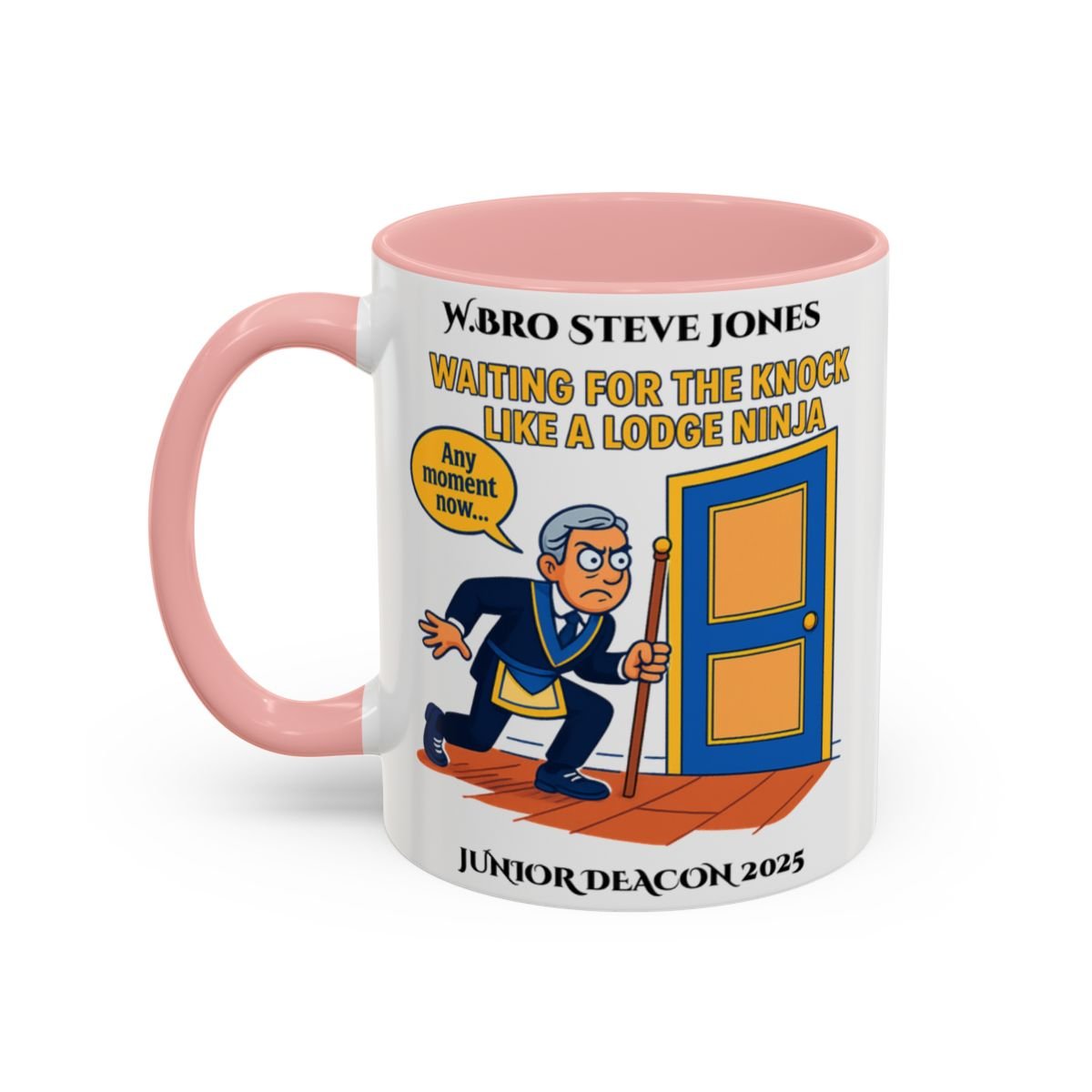 Premium Personalised Freemason Colour Rim Mug - Junior Deacon Design - Waiting for the Knock like a lodge ninja - Masonic Mugs
