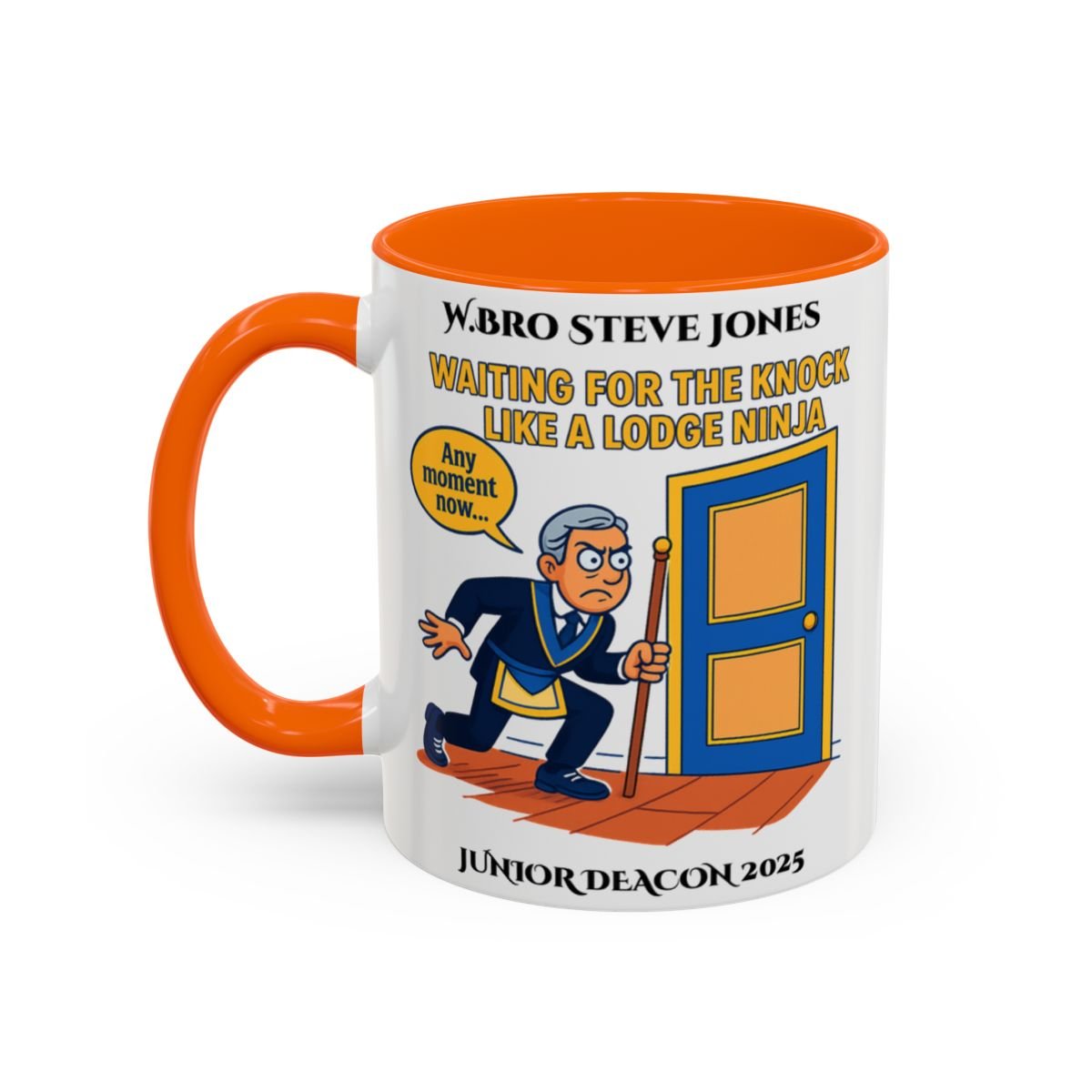 Premium Personalised Freemason Colour Rim Mug - Junior Deacon Design - Waiting for the Knock like a lodge ninja - Masonic Mugs