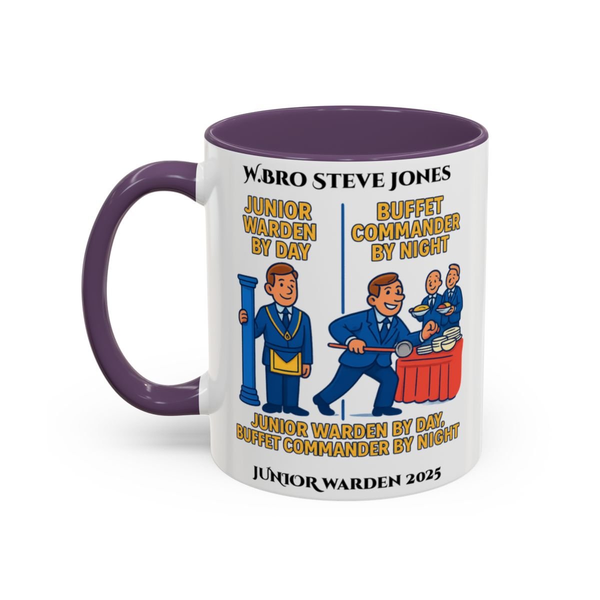 Premium Personalised Freemason Colour Rim Mug - Junior Warden Design - Buffet Comander by Night - Masonic Mugs