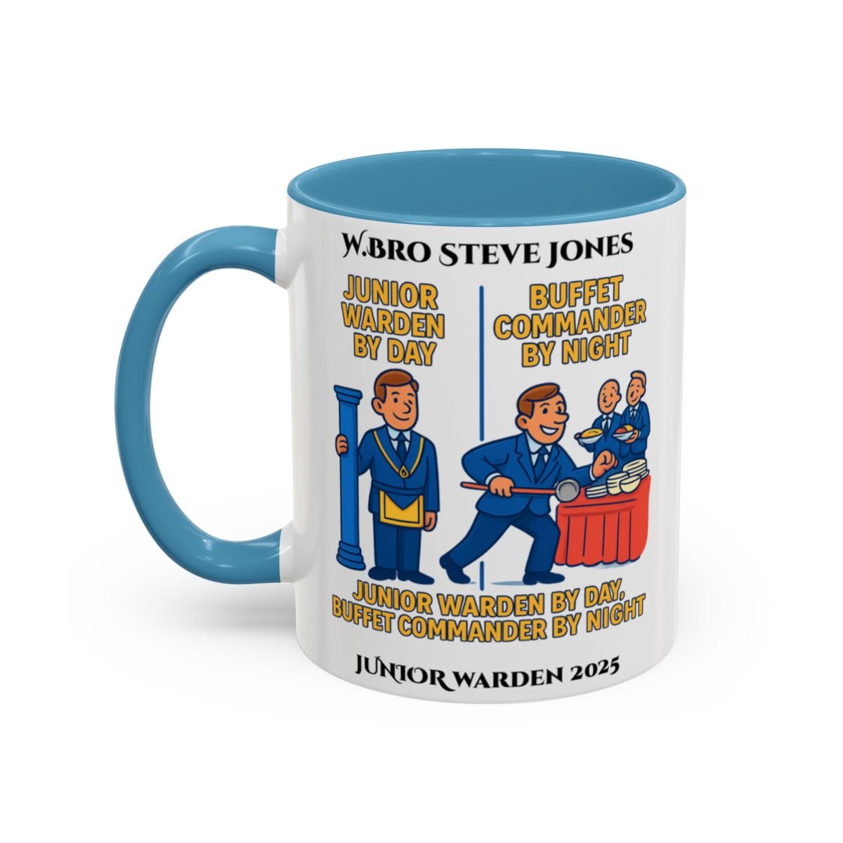 Premium Personalised Freemason Colour Rim Mug - Junior Warden Design - Buffet Comander by Night - Masonic Mugs