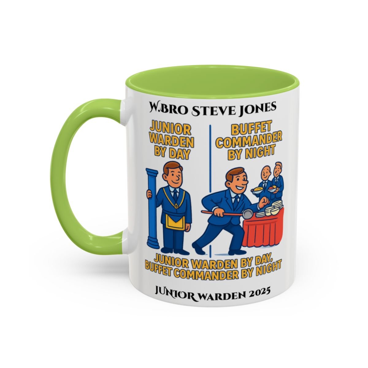 Premium Personalised Freemason Colour Rim Mug - Junior Warden Design - Buffet Comander by Night - Masonic Mugs