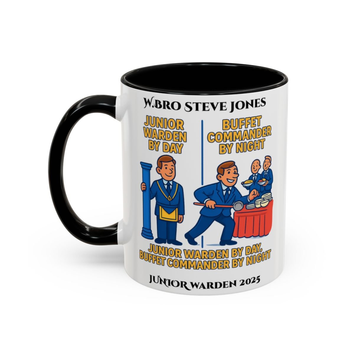 Premium Personalised Freemason Colour Rim Mug - Junior Warden Design - Buffet Comander by Night - Masonic Mugs