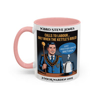 Premium Personalised Freemason Colour Rim Mug - Junior Warden Design - Calls to Labour only when the kettle has boiled - Masonic Mugs
