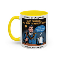Premium Personalised Freemason Colour Rim Mug - Junior Warden Design - Calls to Labour only when the kettle has boiled - Masonic Mugs
