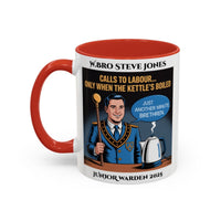 Premium Personalised Freemason Colour Rim Mug - Junior Warden Design - Calls to Labour only when the kettle has boiled - Masonic Mugs