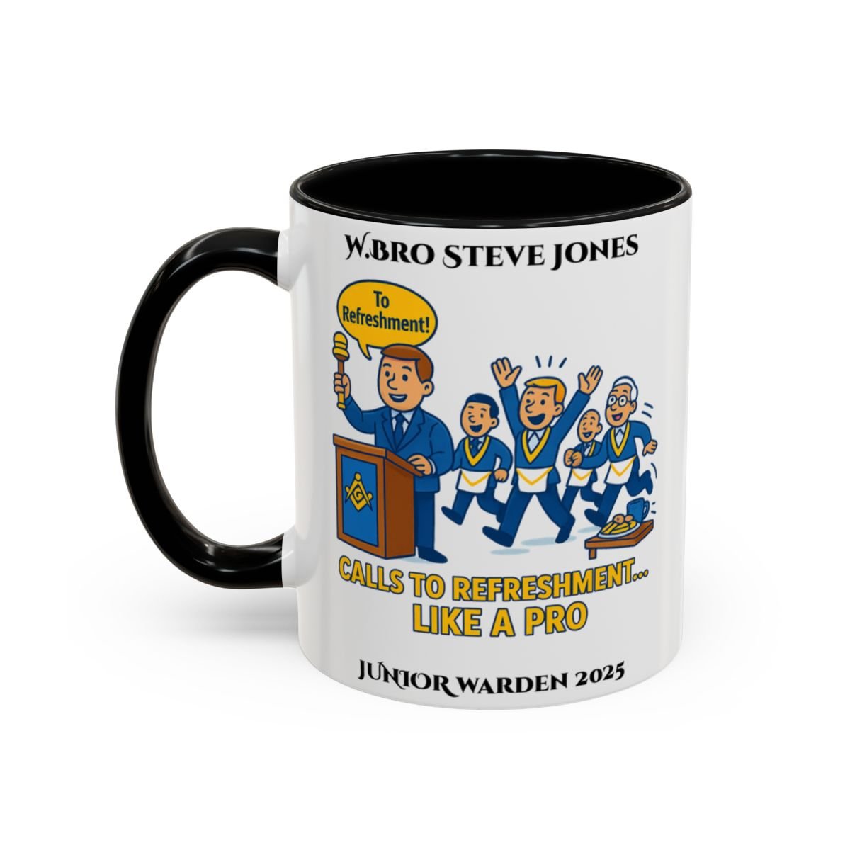 Premium Personalised Freemason Colour Rim Mug - Junior Warden Design - Calls to refreshment like a pro - Masonic Mugs