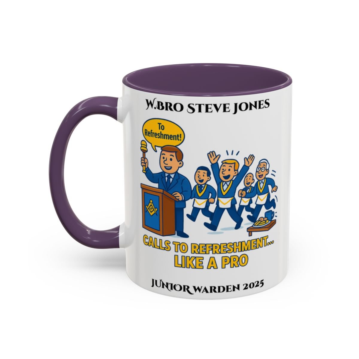 Premium Personalised Freemason Colour Rim Mug - Junior Warden Design - Calls to refreshment like a pro - Masonic Mugs