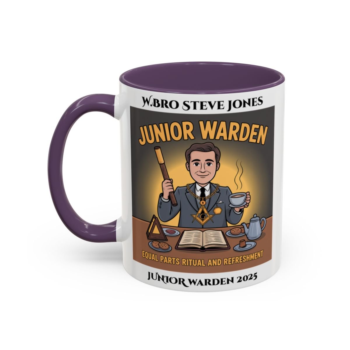 Premium Personalised Freemason Colour Rim Mug - Junior Warden Design - Equal Parts Ritual and Refreshment - Masonic Mugs