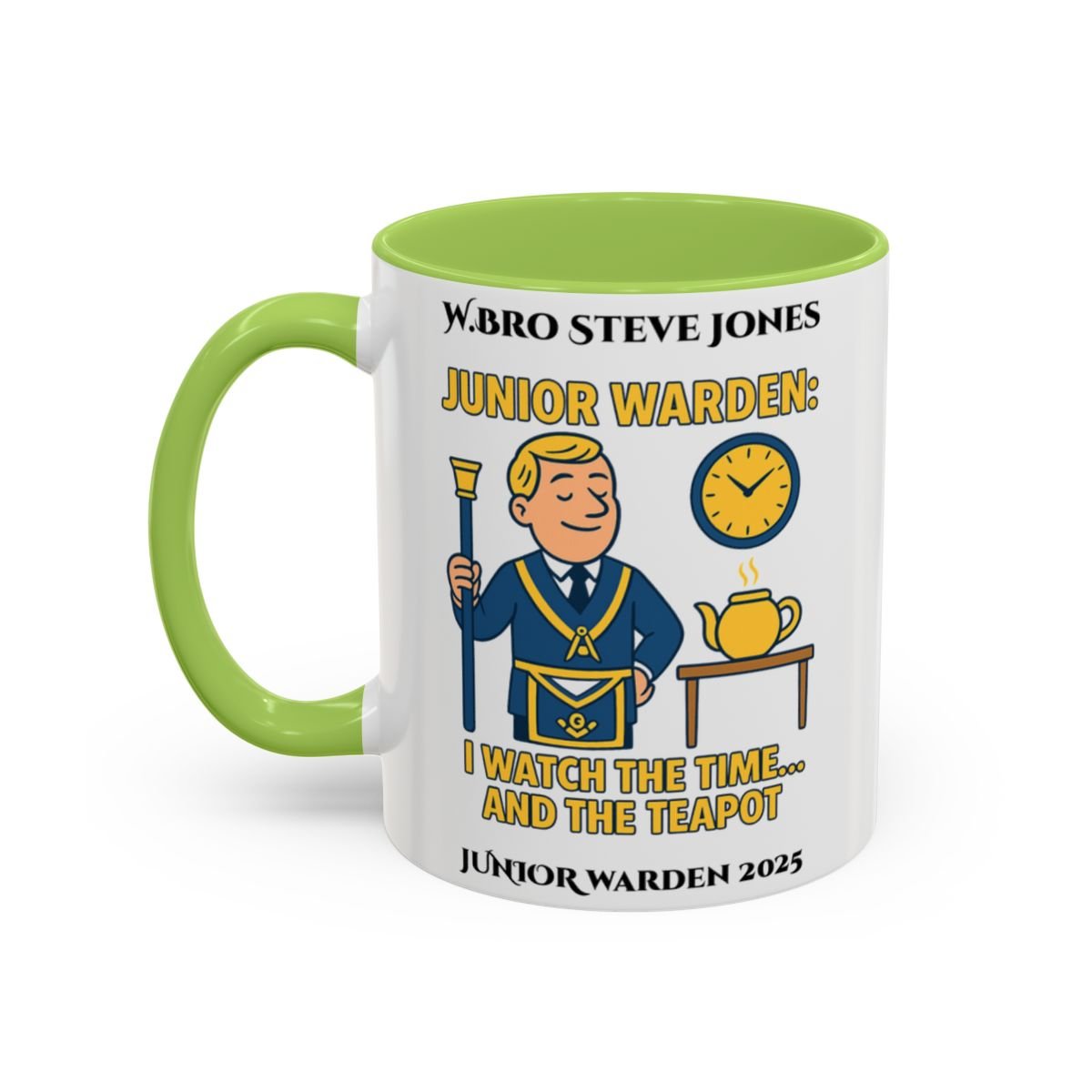 Premium Personalised Freemason Colour Rim Mug - Junior Warden Design - I watch the time and the teapot - Masonic Mugs