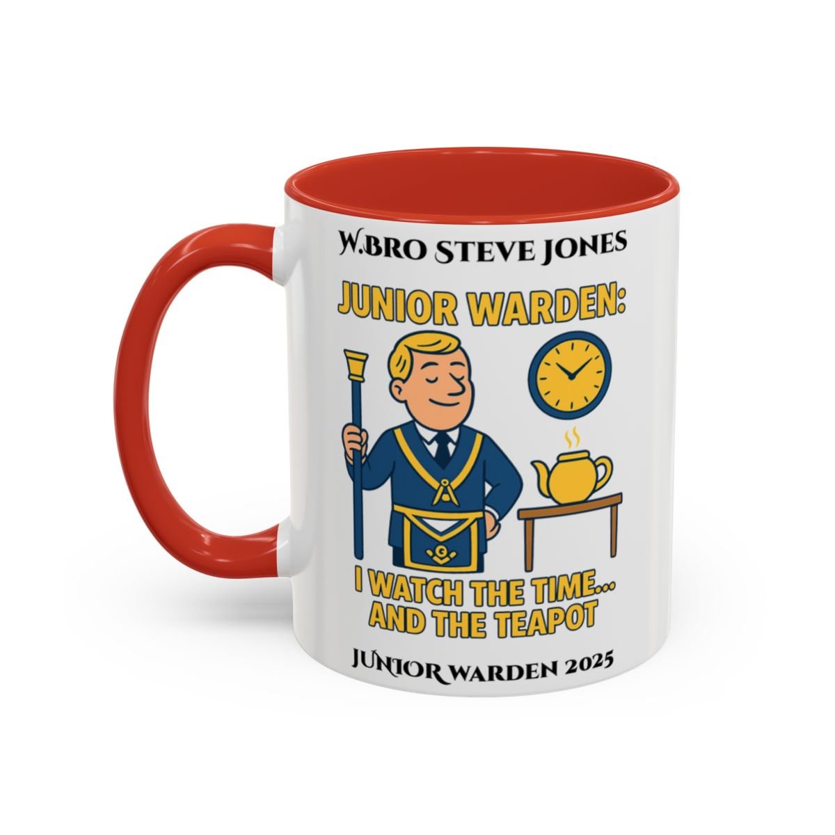 Premium Personalised Freemason Colour Rim Mug - Junior Warden Design - I watch the time and the teapot - Masonic Mugs