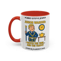Premium Personalised Freemason Colour Rim Mug - Junior Warden Design - I watch the time and the teapot - Masonic Mugs