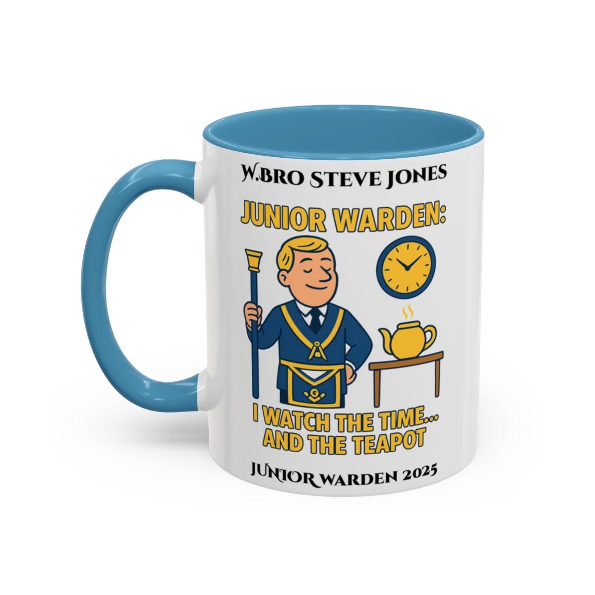 Premium Personalised Freemason Colour Rim Mug - Junior Warden Design - I watch the time and the teapot - Masonic Mugs