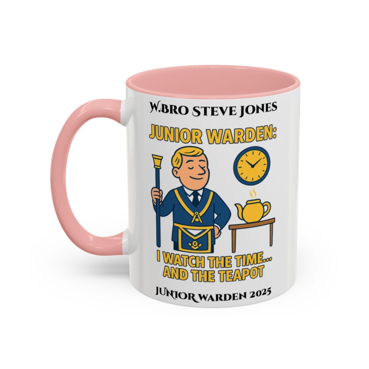Premium Personalised Freemason Colour Rim Mug - Junior Warden Design - I watch the time and the teapot - Masonic Mugs