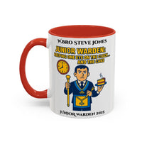 Premium Personalised Freemason Colour Rim Mug - Junior Warden Design - Keeping one eye on the Clock - Masonic Mugs