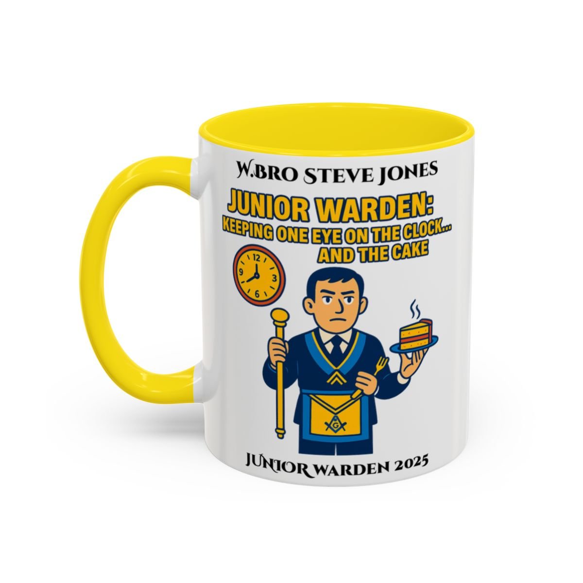 Premium Personalised Freemason Colour Rim Mug - Junior Warden Design - Keeping one eye on the Clock - Masonic Mugs