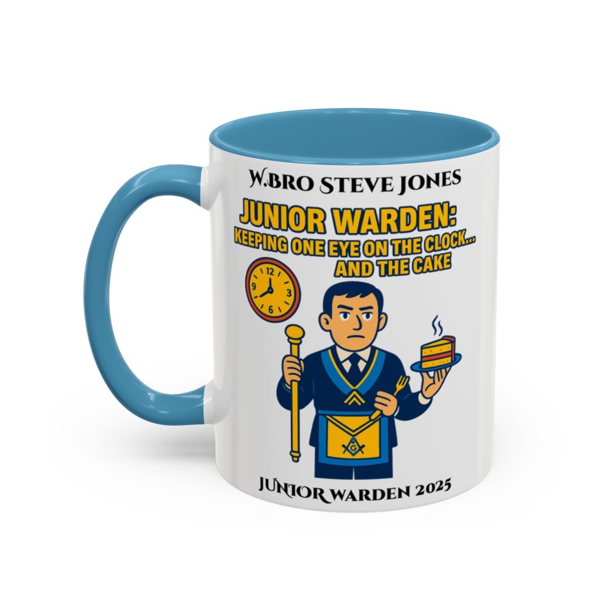 Premium Personalised Freemason Colour Rim Mug - Junior Warden Design - Keeping one eye on the Clock - Masonic Mugs