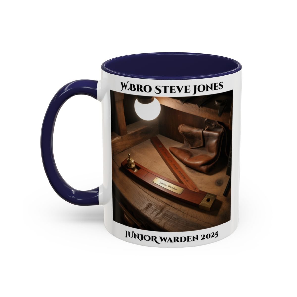 Premium Personalised Freemason Colour Rim Mug - Junior Warden Design - Plumb Rule - Masonic Mugs