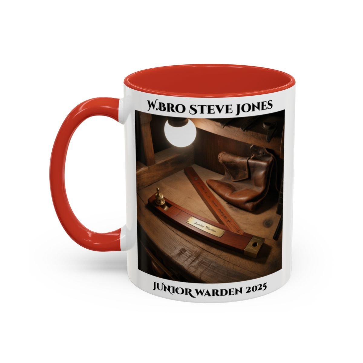 Premium Personalised Freemason Colour Rim Mug - Junior Warden Design - Plumb Rule - Masonic Mugs