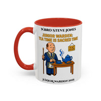 Premium Personalised Freemason Colour Rim Mug - Junior Warden Design - Tea time is sacred time - Masonic Mugs