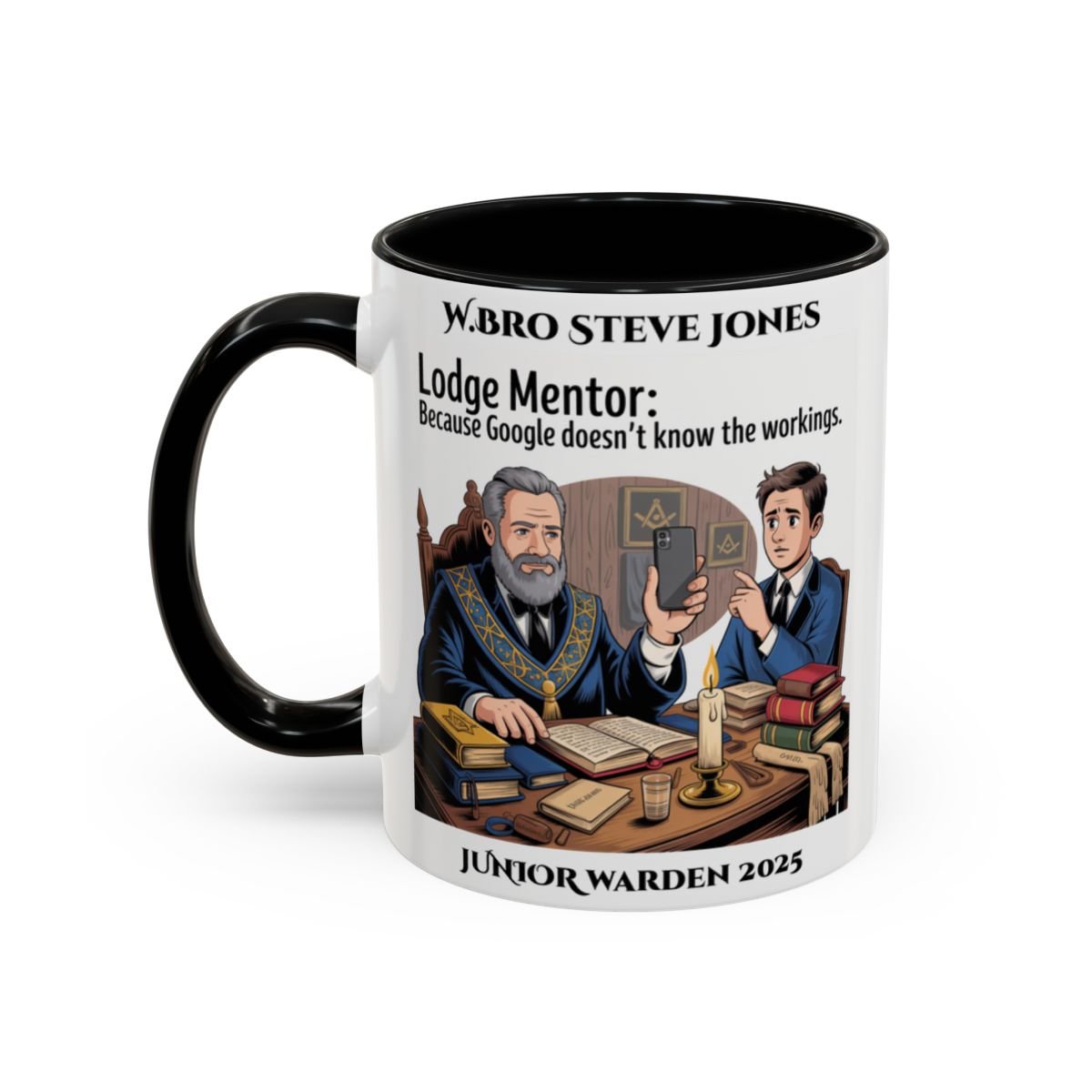 Premium Personalised Freemason Colour Rim Mug - Lodge Mentor Design - Because Google doesn't know the workings - Masonic Mugs