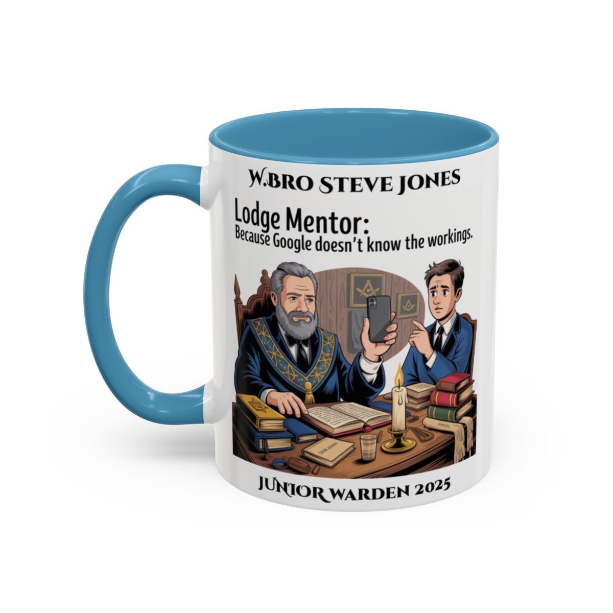 Premium Personalised Freemason Colour Rim Mug - Lodge Mentor Design - Because Google doesn't know the workings - Masonic Mugs