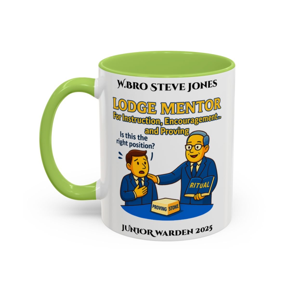 Premium Personalised Freemason Colour Rim Mug - Lodge Mentor Design - For instruction, encouragement and proving - Masonic Mugs