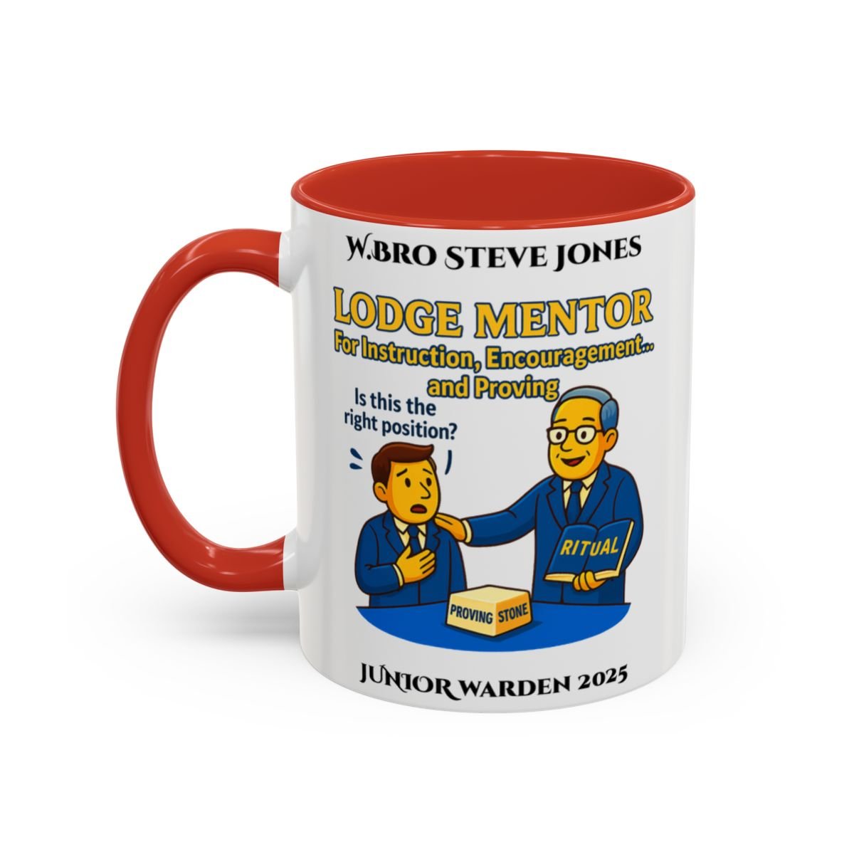 Premium Personalised Freemason Colour Rim Mug - Lodge Mentor Design - For instruction, encouragement and proving - Masonic Mugs