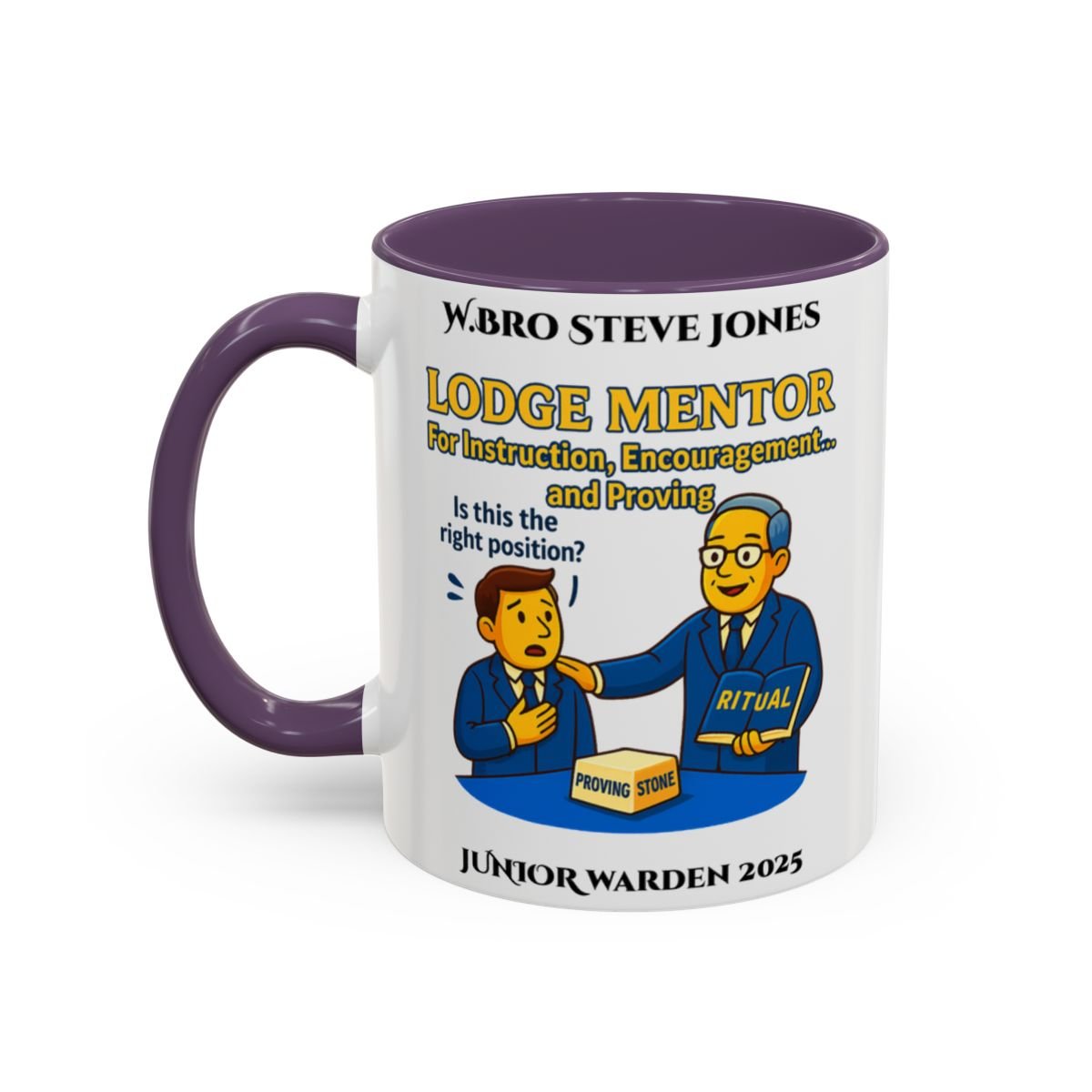 Premium Personalised Freemason Colour Rim Mug - Lodge Mentor Design - For instruction, encouragement and proving - Masonic Mugs