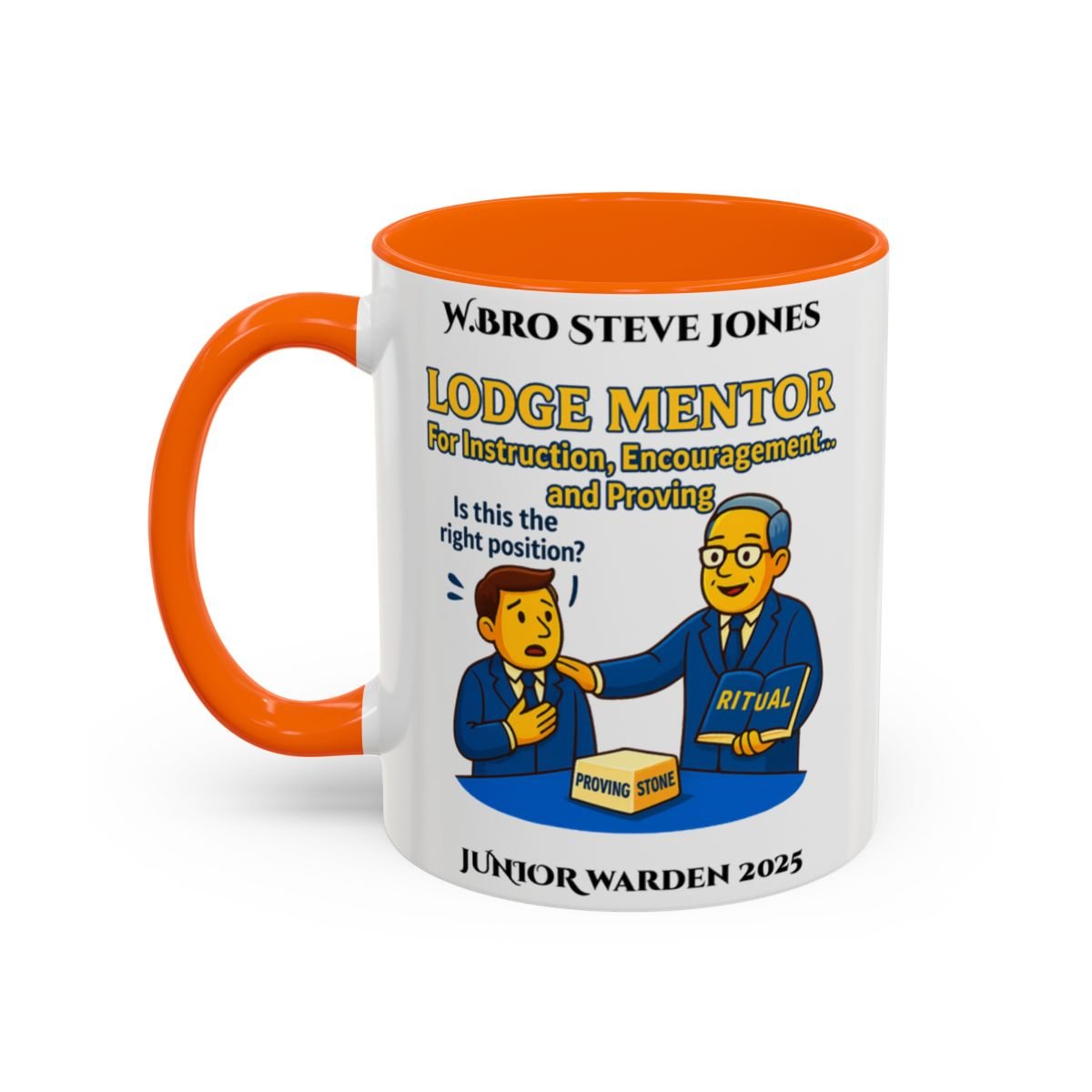 Premium Personalised Freemason Colour Rim Mug - Lodge Mentor Design - For instruction, encouragement and proving - Masonic Mugs