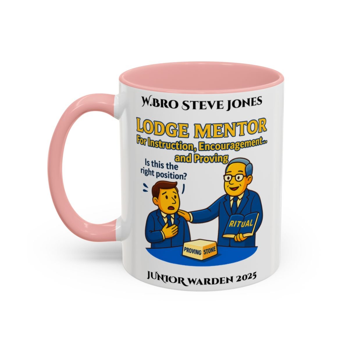 Premium Personalised Freemason Colour Rim Mug - Lodge Mentor Design - For instruction, encouragement and proving - Masonic Mugs