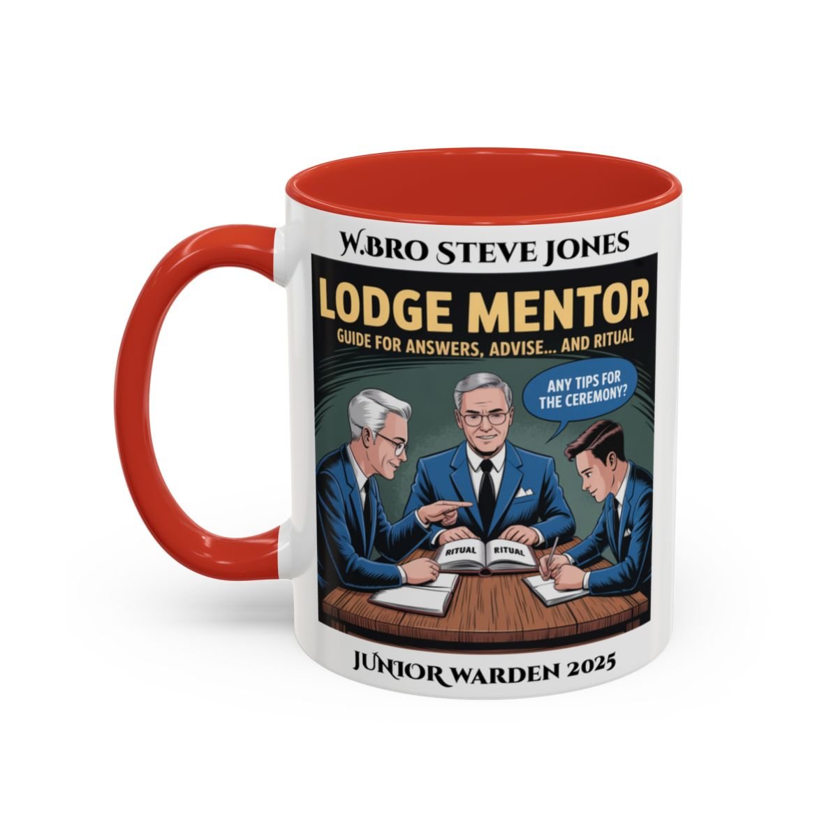 Premium Personalised Freemason Colour Rim Mug - Lodge Mentor Design - Guide for Answers Advise and Ritual - Masonic Mugs