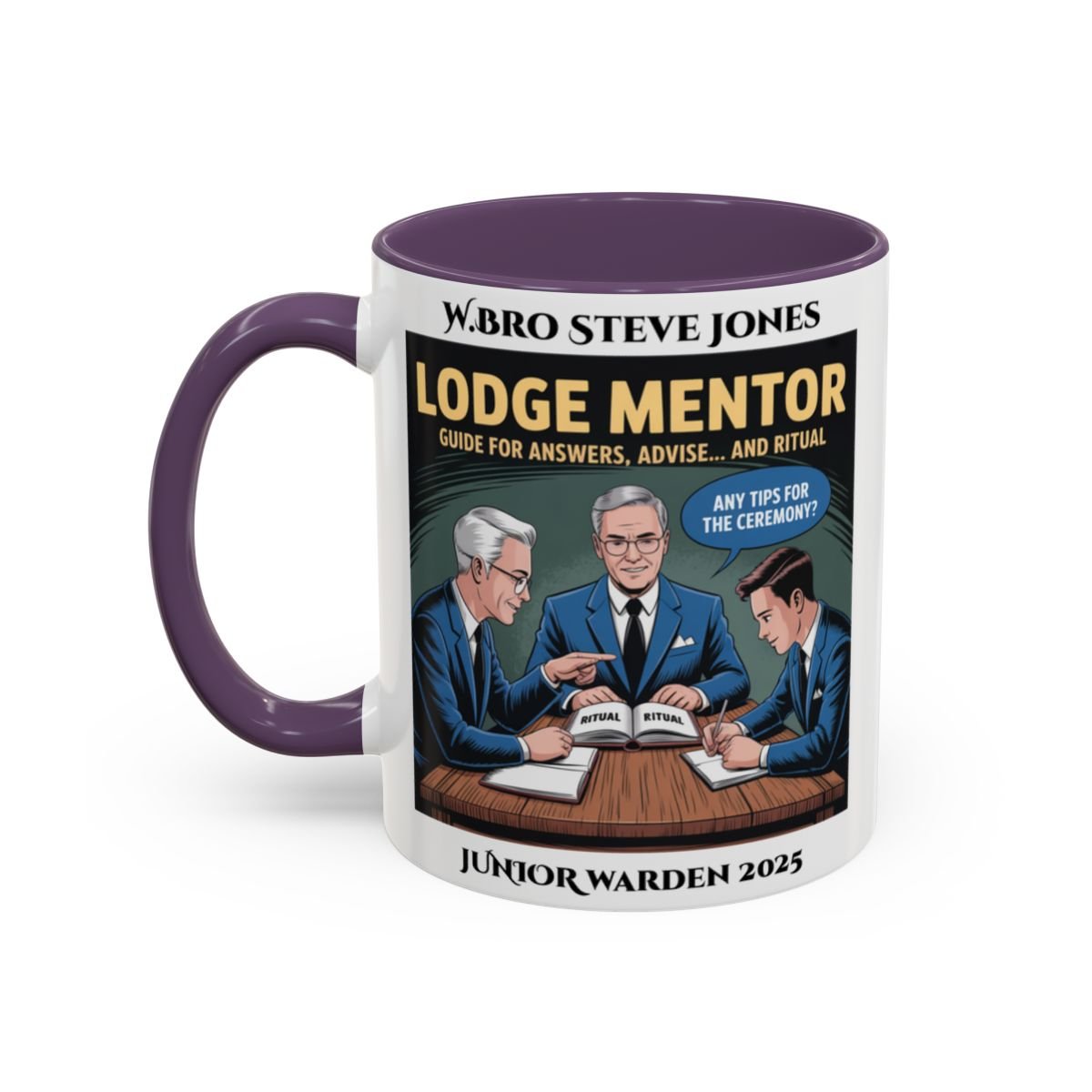 Premium Personalised Freemason Colour Rim Mug - Lodge Mentor Design - Guide for Answers Advise and Ritual - Masonic Mugs